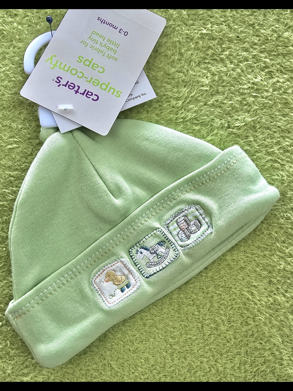 NWT  0-3M Baby BOYS GREEN HAT CAP + ROCKING-HORSE DUCKY + TOY BLOCKS (Q3)
